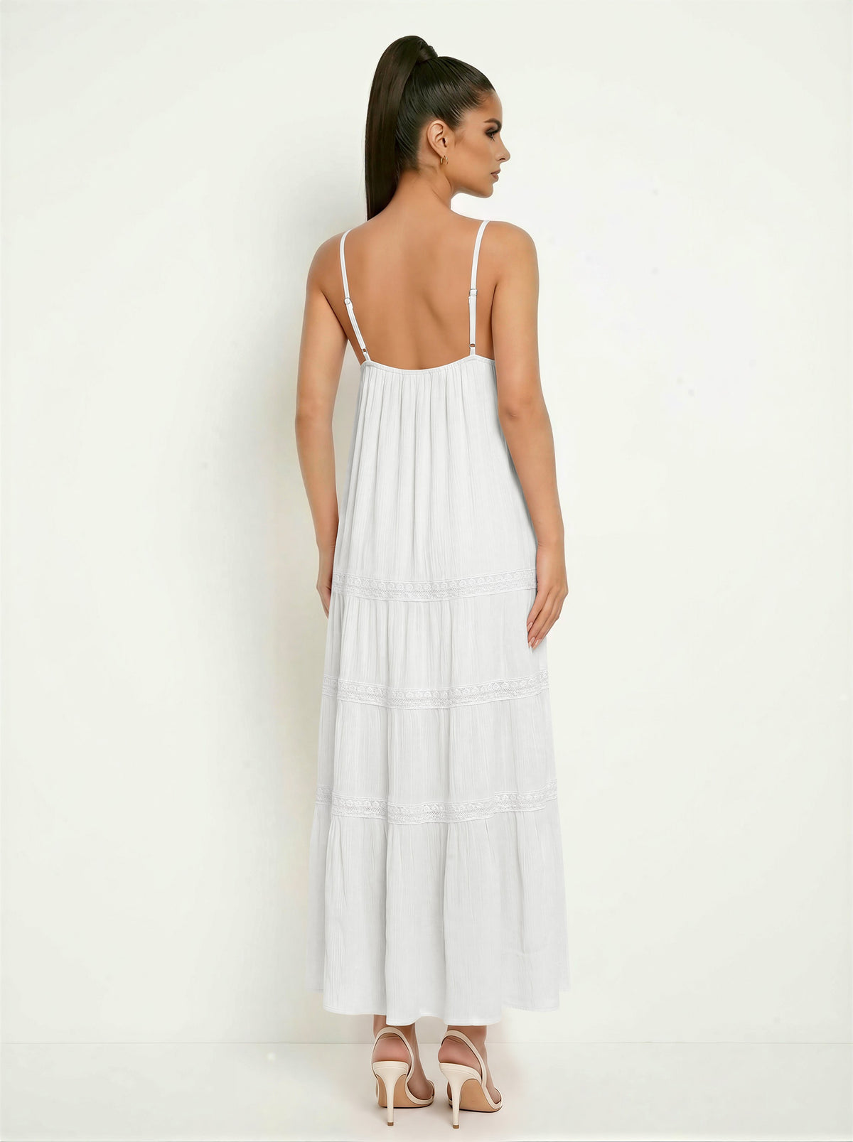 Spaghetti-Strap Deep-V Lace-Trim Empire-Waist Tiered Maxi Dress