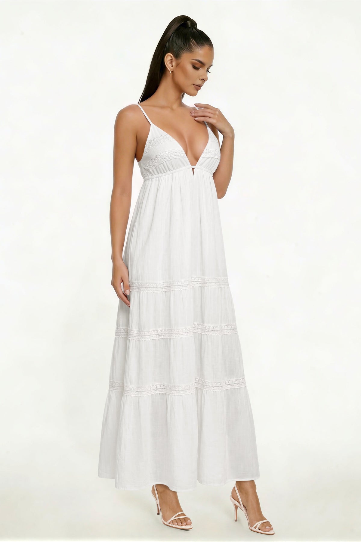 Spaghetti-Strap Deep-V Lace-Trim Empire-Waist Tiered Maxi Dress
