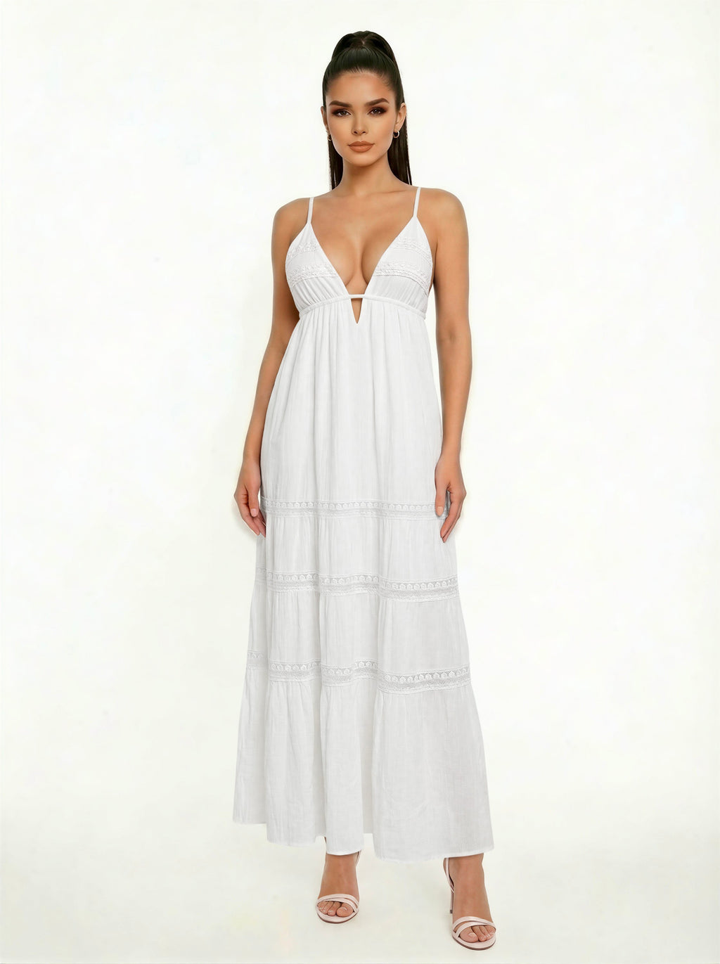 Spaghetti-Strap Deep-V Lace-Trim Empire-Waist Tiered Maxi Dress