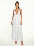 Spaghetti-Strap Deep-V Lace-Trim Empire-Waist Tiered Maxi Dress
