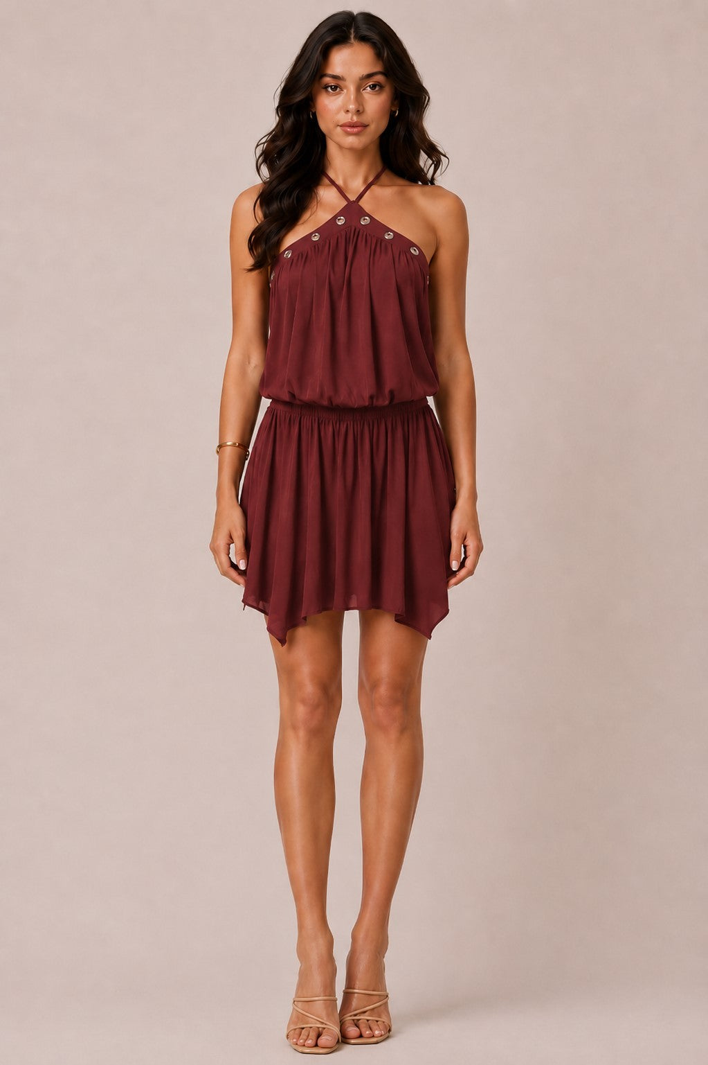 Burgundy grommet halter criss-cross tie-back blouson flowy mini dress - front view