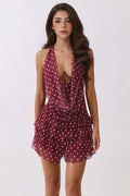 Olive polka dot deep cowl halter tiered ruffle mini dress - front view