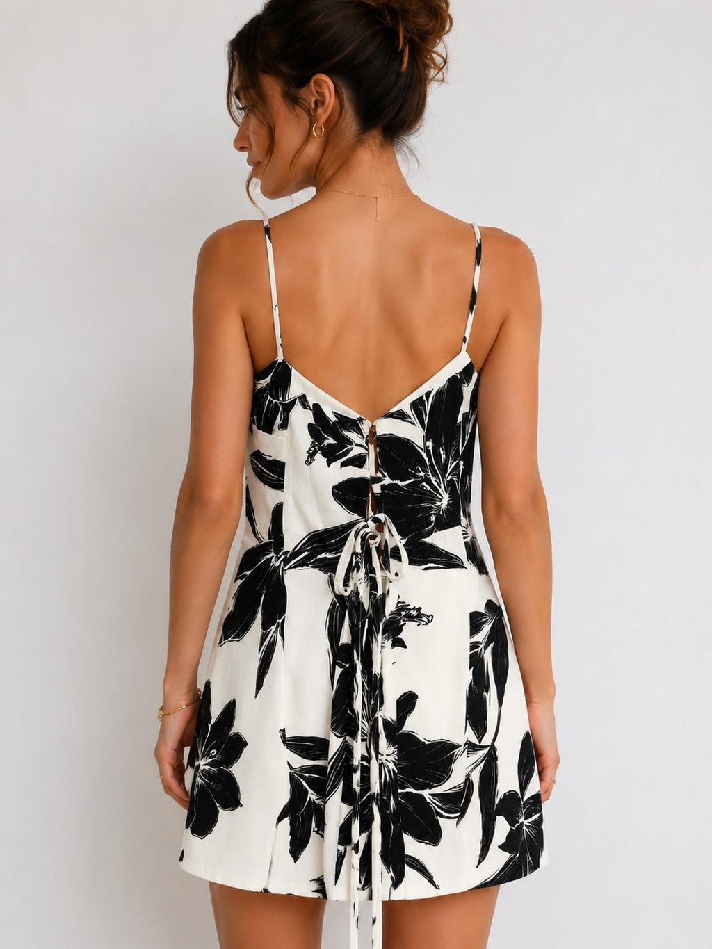 Black and white floral spaghetti strap cowl neck lace-up back mini dress - front cowl neckline view