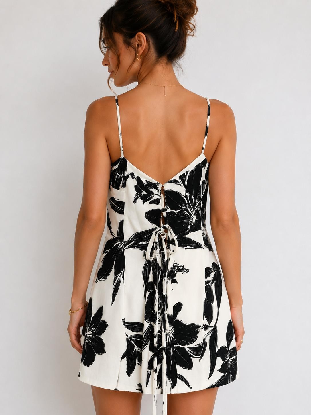 Black and white floral spaghetti strap cowl neck lace-up back mini dress - front cowl neckline view