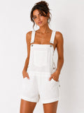 White crinkle-texture adjustable-strap bib-front side-cutout button-detail cuffed-short overall romper - back view showing adjustable straps and back bib pocket