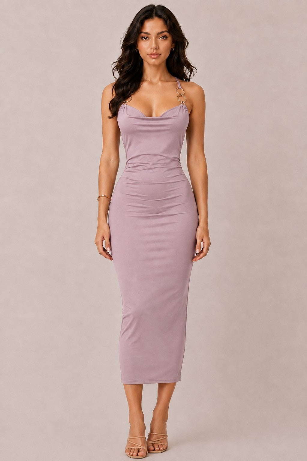 Black cowl-neck O-ring spaghetti-strap side-ruched bodycon midi dress - front full view showing softly draped cowl neckline, fine spaghetti straps with gold O-ring accent, gentle side ruching at waist, smooth bodycon skirt, and midi length in black