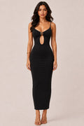 Black deep-V spaghetti-strap gold-ring cut-out open-back ruched bodycon midi dress - front full view showing deep V neckline, gold-tone ring hardware, keyhole cut-out, spaghetti straps, and smooth bodycon midi silhouette in black