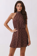Chocolate brown polka dot halter high-neck open back blouson mini dress - front view