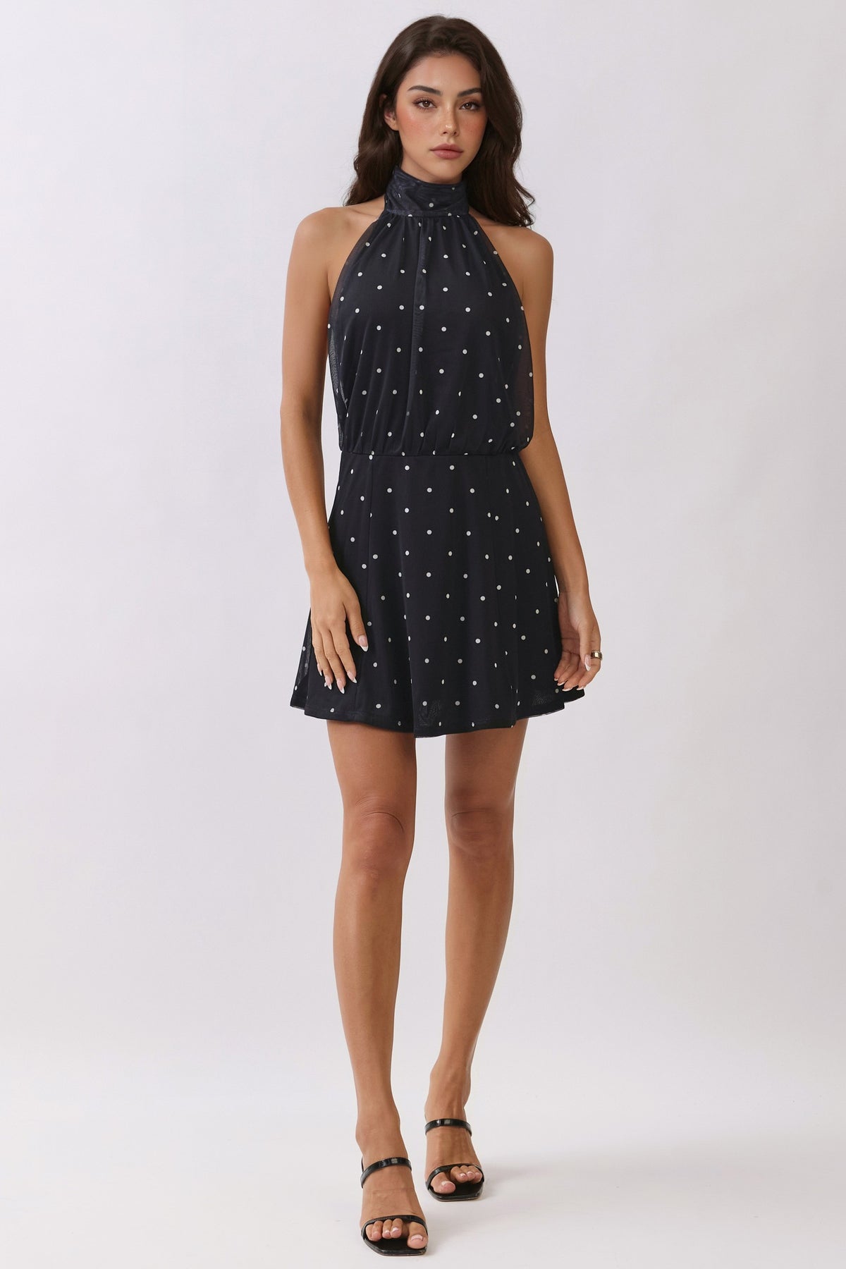 Navy polka dot halter high-neck open back blouson mini dress - back open view