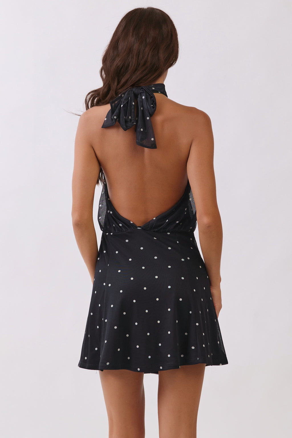 Chocolate brown polka dot halter high-neck open back blouson mini dress - back view