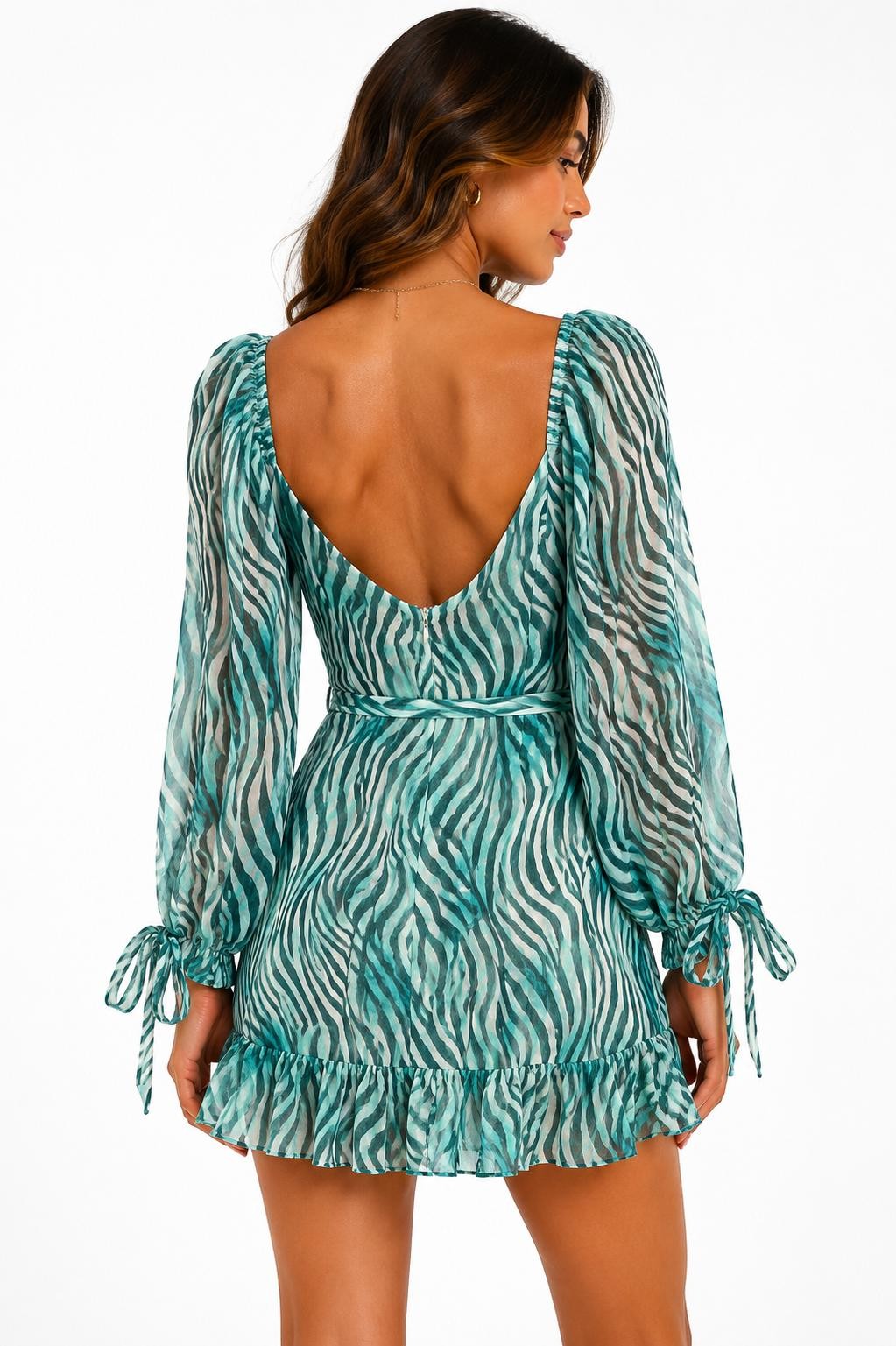 Teal zebra print deep-V long-sleeve tie-waist open-back tie-cuff ruffle-hem mini dress - front full view showing deep V neckline and tie waist
