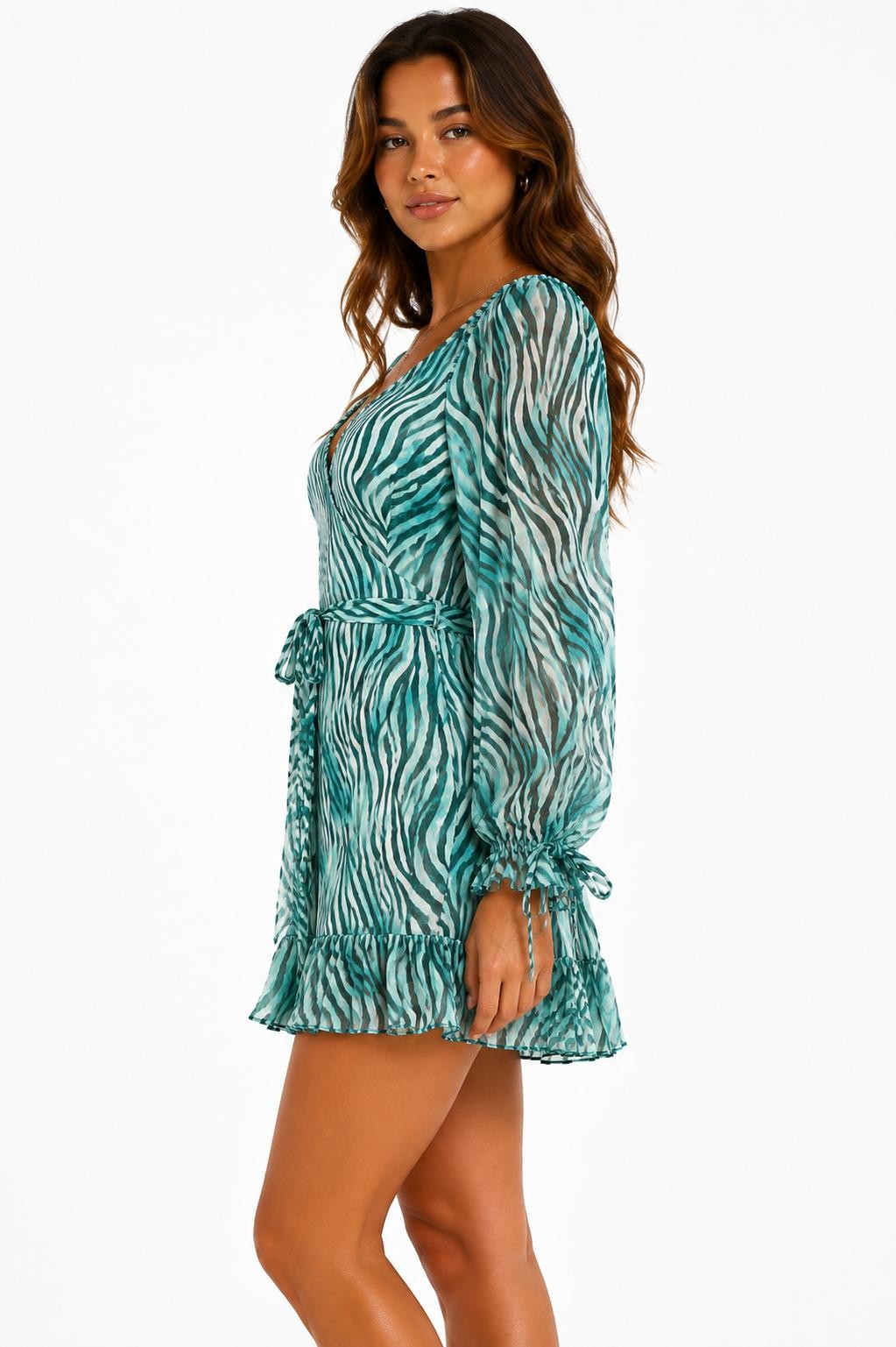 Teal zebra print deep-V long-sleeve tie-waist open-back tie-cuff ruffle-hem mini dress - second side view showing silhouette and tie cuff detail