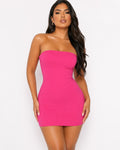 Hot pink strapless smooth-bodycon mini dress - additional front studio view showing clean strapless edge and smooth bodycon tube