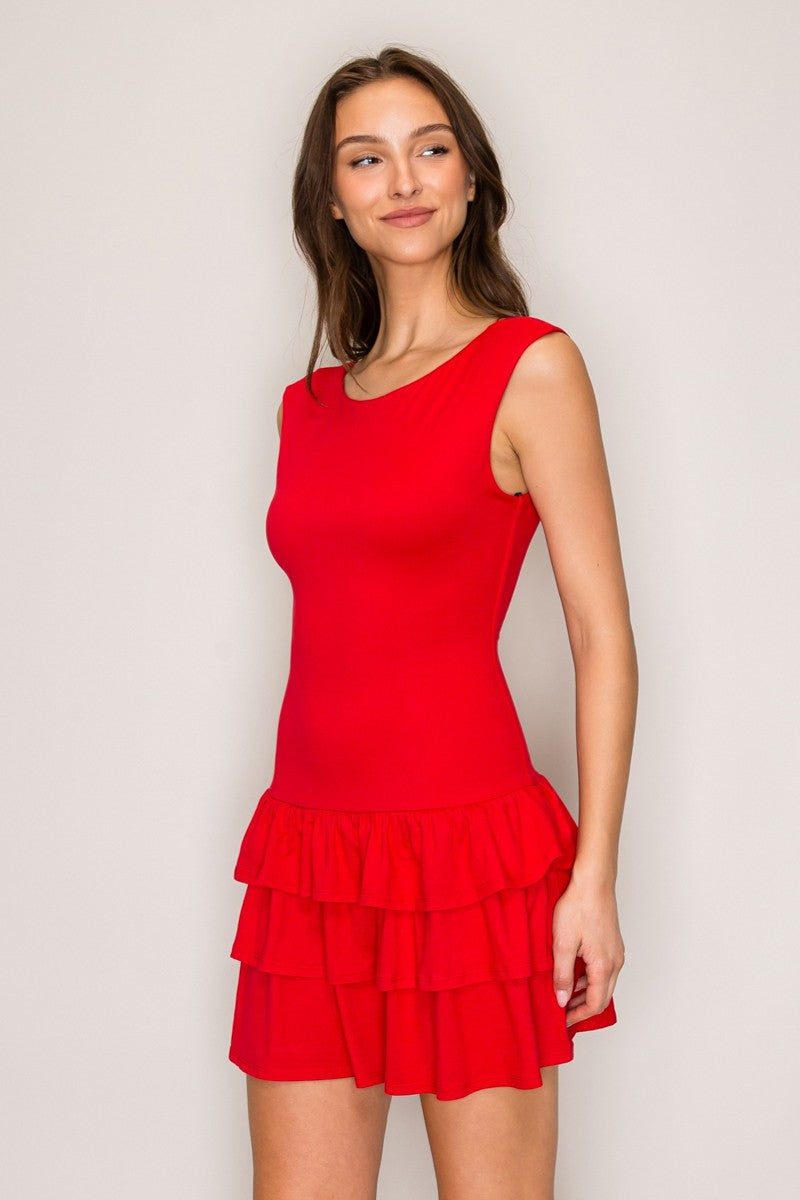 Red sleeveless scoop-neck fitted-bodice triple-tiered-ruffle-skirt mini dress - front view showing scoop neckline, sleek fitted bodice, and three-tier ruffle skirt