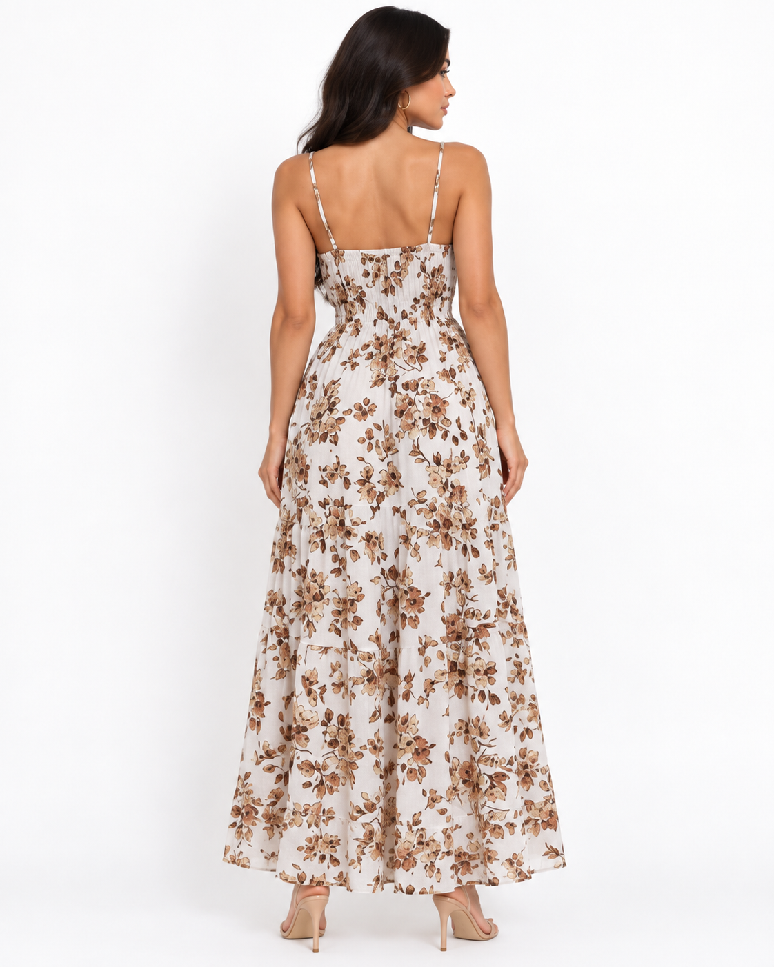 Spaghetti-Strap Tie-Front Smocked-Waist Tiered Floral Maxi Dress