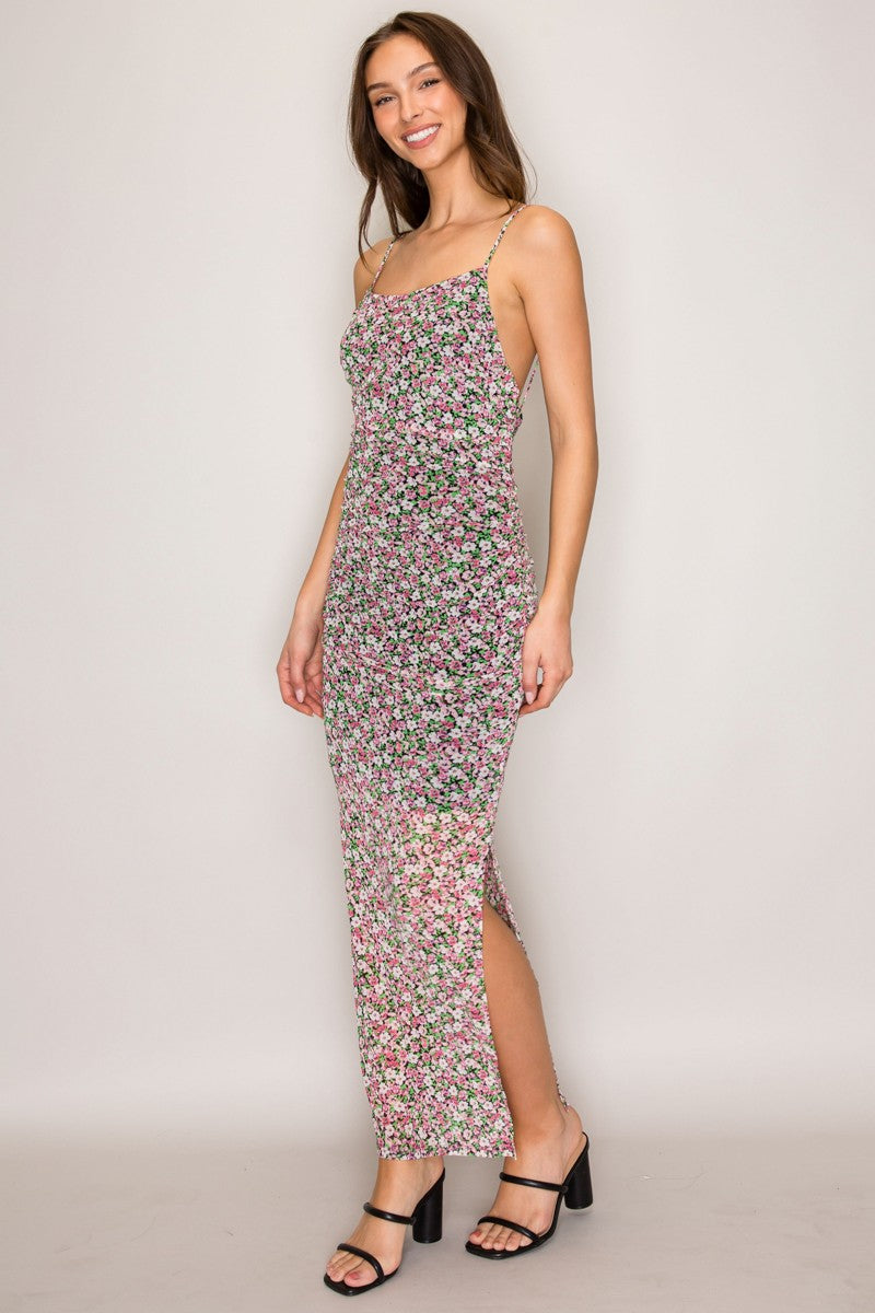 Ditsy floral mesh spaghetti-strap square-neck allover-ruched open-back lace-up side-slit bodycon maxi dress - side three-quarter view showing square neckline, gold strap detail, allover ruched bodycon silhouette, side slit, and maxi length