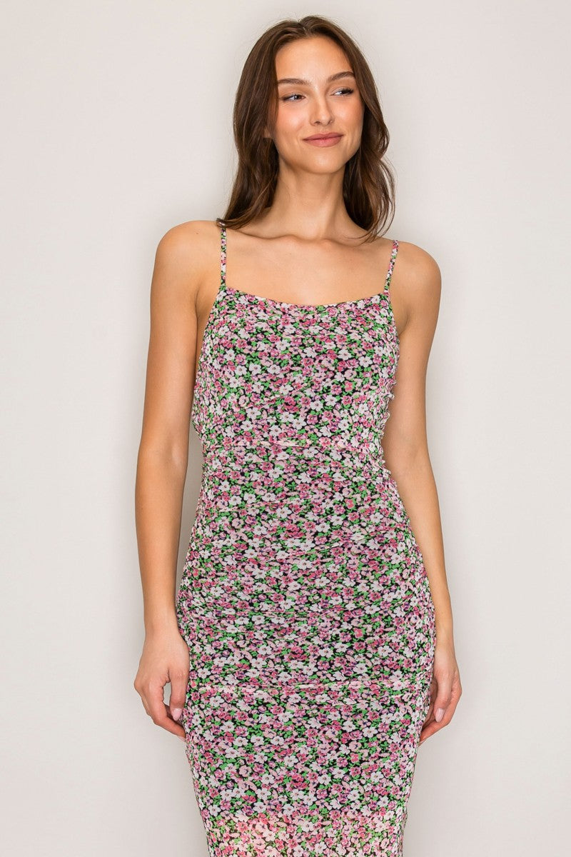 Ditsy floral mesh spaghetti-strap square-neck allover-ruched open-back lace-up side-slit bodycon maxi dress - close-up bust and bodice detail showing square neckline, gold-tone spaghetti strap hardware, dense horizontal ruching, and black ditsy floral print