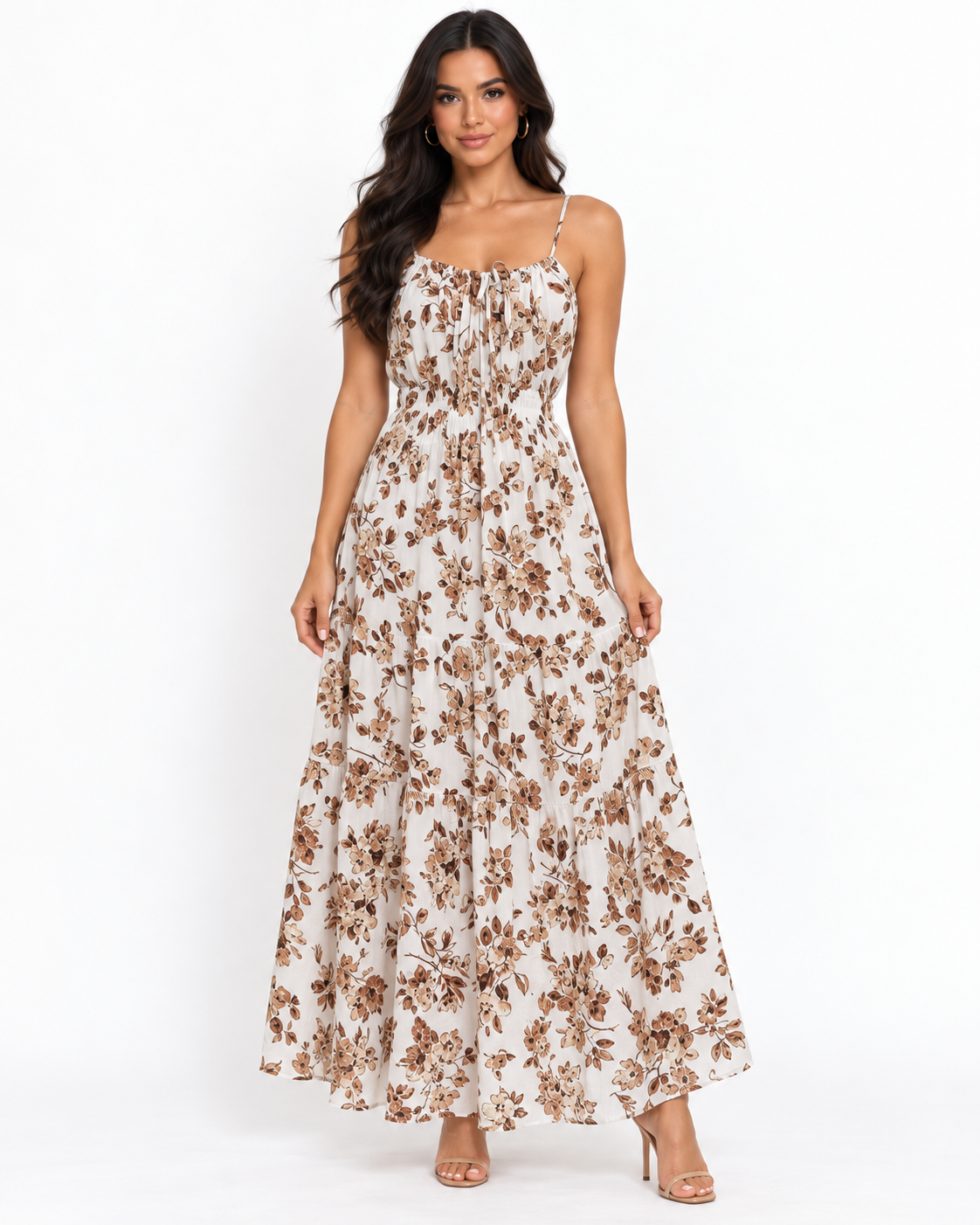 Spaghetti-Strap Tie-Front Smocked-Waist Tiered Floral Maxi Dress