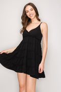 Black spaghetti strap V-neck sweetheart tiered ruffle babydoll mini dress - side skirt movement view