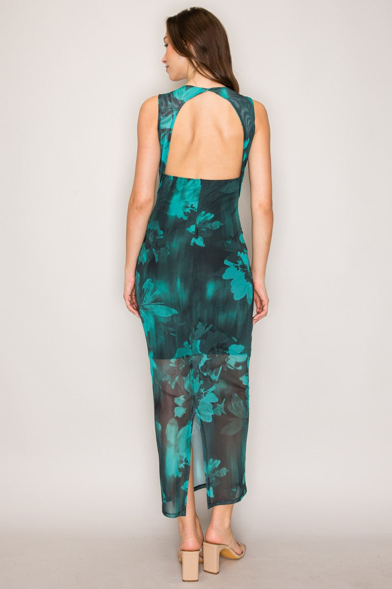 Emerald watercolour floral mesh sleeveless crew-neck ruched open-back bodycon maxi dress - back full view showing dramatic open-back cut-out, side ruching silhouette, fitted maxi skirt, and centre-back slit at hem