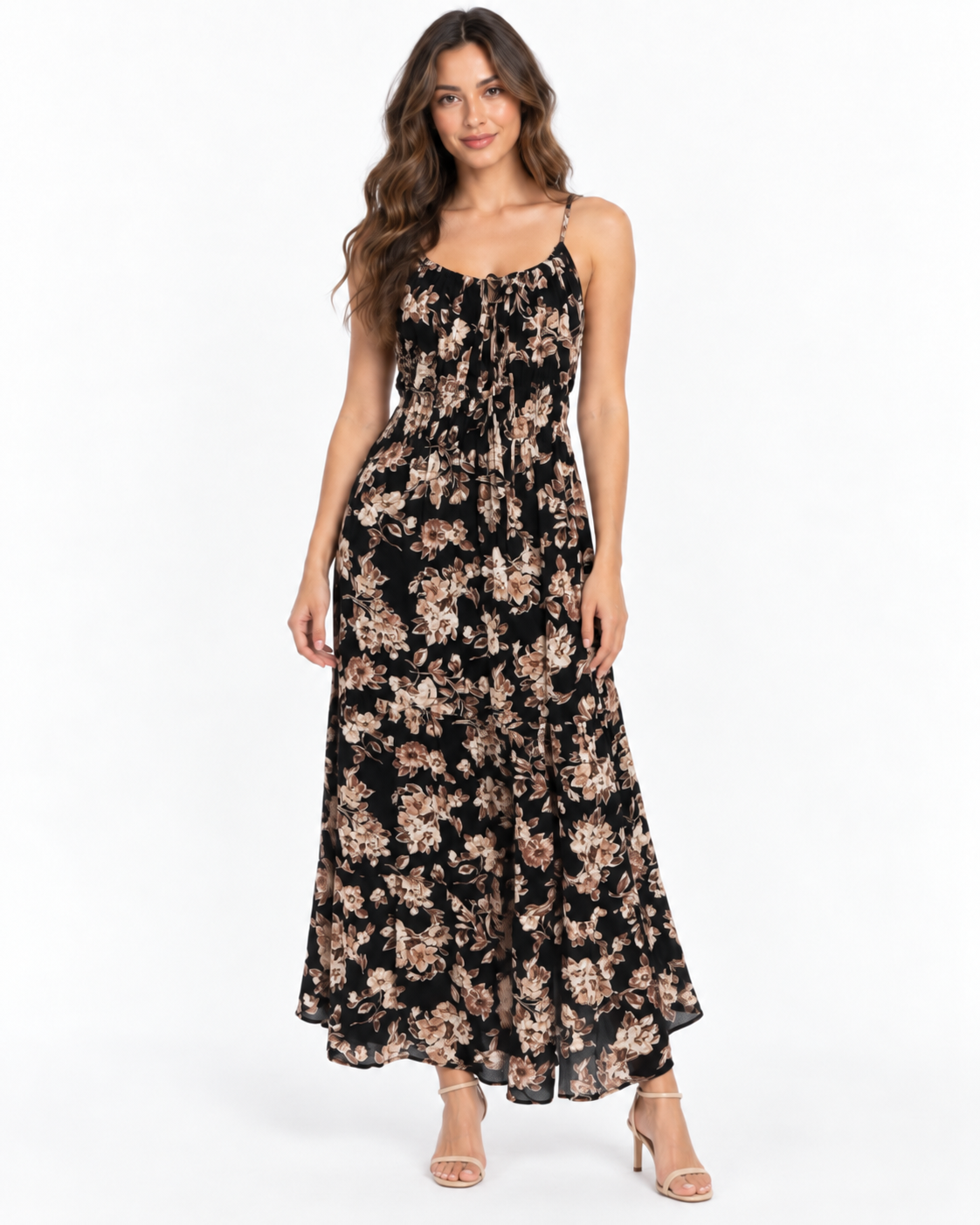 Black botanical-floral spaghetti-strap tie-front smocked-waist tiered maxi dress - front full-length white background view showing fine spaghetti straps, gathered scoop neckline with centre-front tie bow, smocked waistband, and voluminous two-tier floral chiffon maxi skirt in black with caramel and dusty rose botanical print