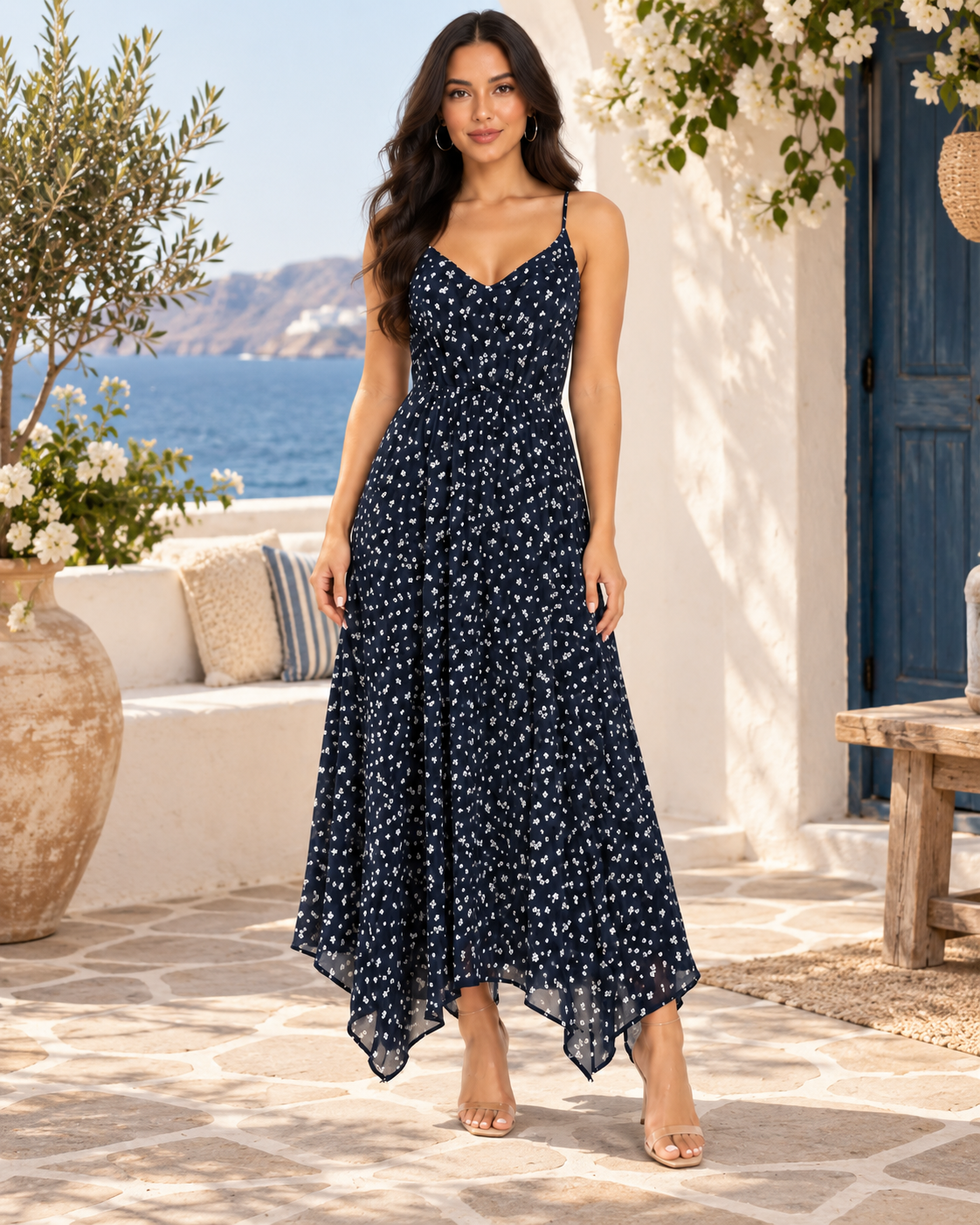 Black ditsy-floral spaghetti-strap smocked-back handkerchief-hem midi dress - front lifestyle terrace view showing fine spaghetti straps, V-neckline with gathered bust panel, flowing handkerchief-hem skirt in black with white ditsy florals with nude heels and jasmine background