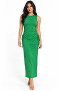 Green sleeveless crew-neck side-ruched drawstring cut-out bodycon maxi dress - back white background view showing wide armholes, side ruching visible from behind with drawstring cord ties, and sleek bodycon column maxi skirt in vibrant grass green