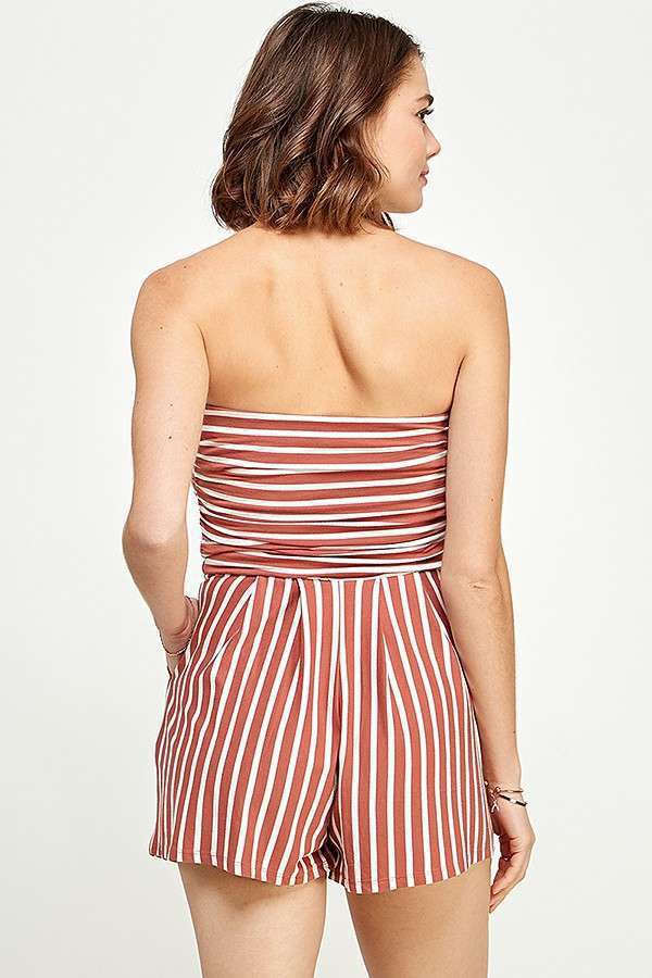 Burgundy multi-stripe strapless tube-bodice side-pocket short romper - front full view showing horizontal-stripe tube bodice, waistband, and vertical-stripe shorts