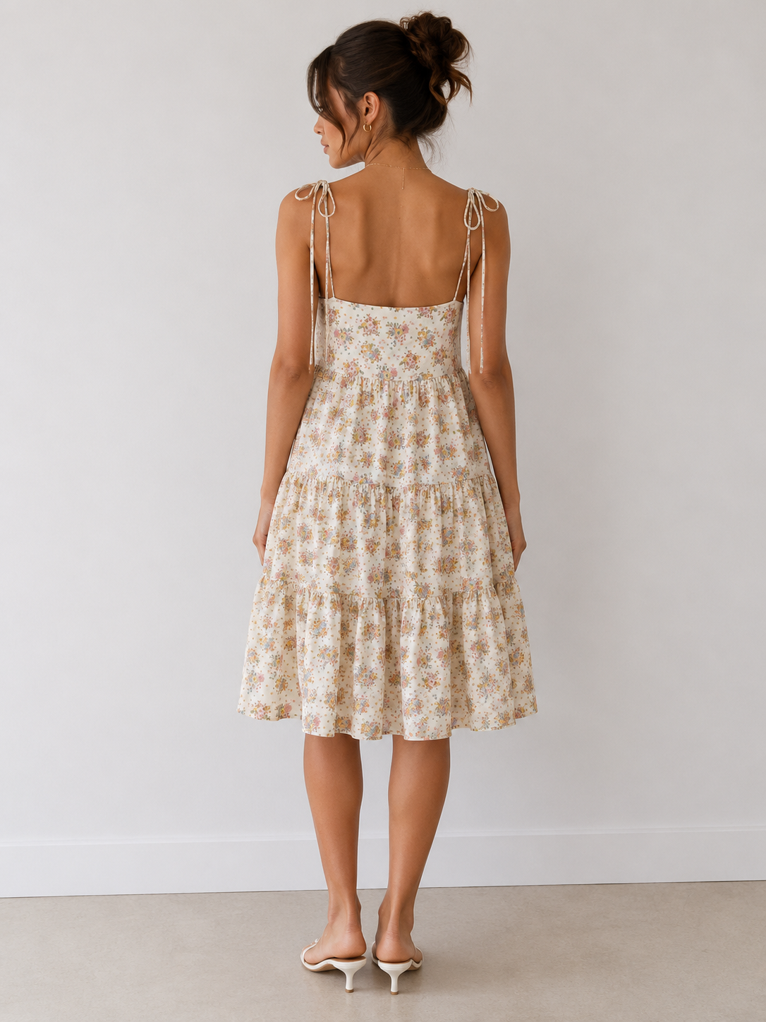 Ditsy floral square-neck tie-shoulder tiered midi dress - side view showing tiered skirt volume and tie shoulder detail