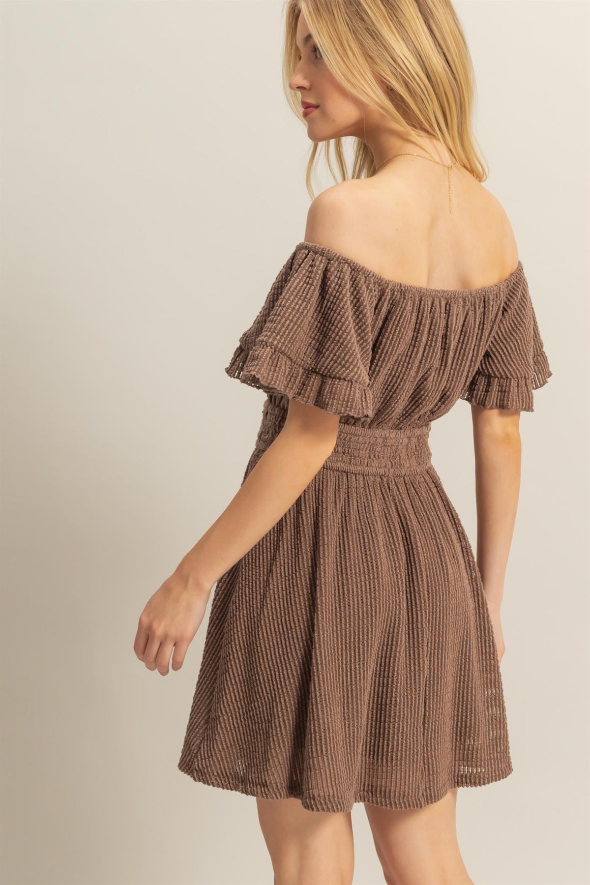 Mocha brown textured off-shoulder ruffle-sleeve smocked-waist fit-and-flare mini dress - front view showing ruffle sleeves and full skirt