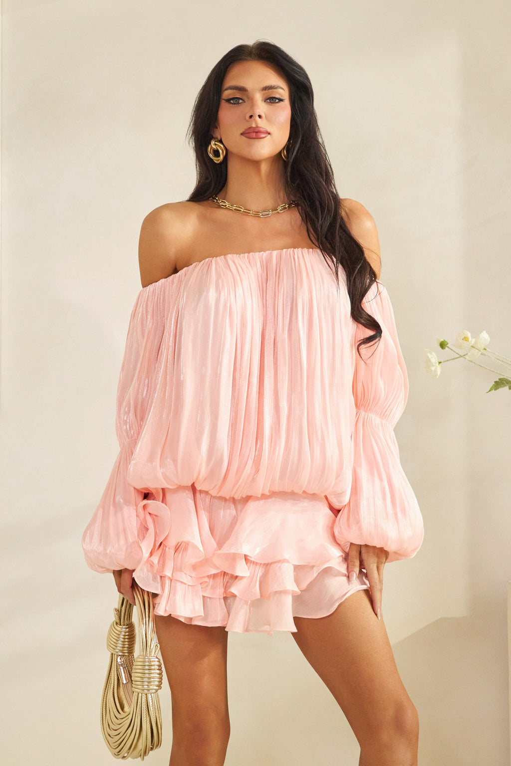 Blush pink off-shoulder pleated balloon sleeve double ruffle mini dress - front full length view