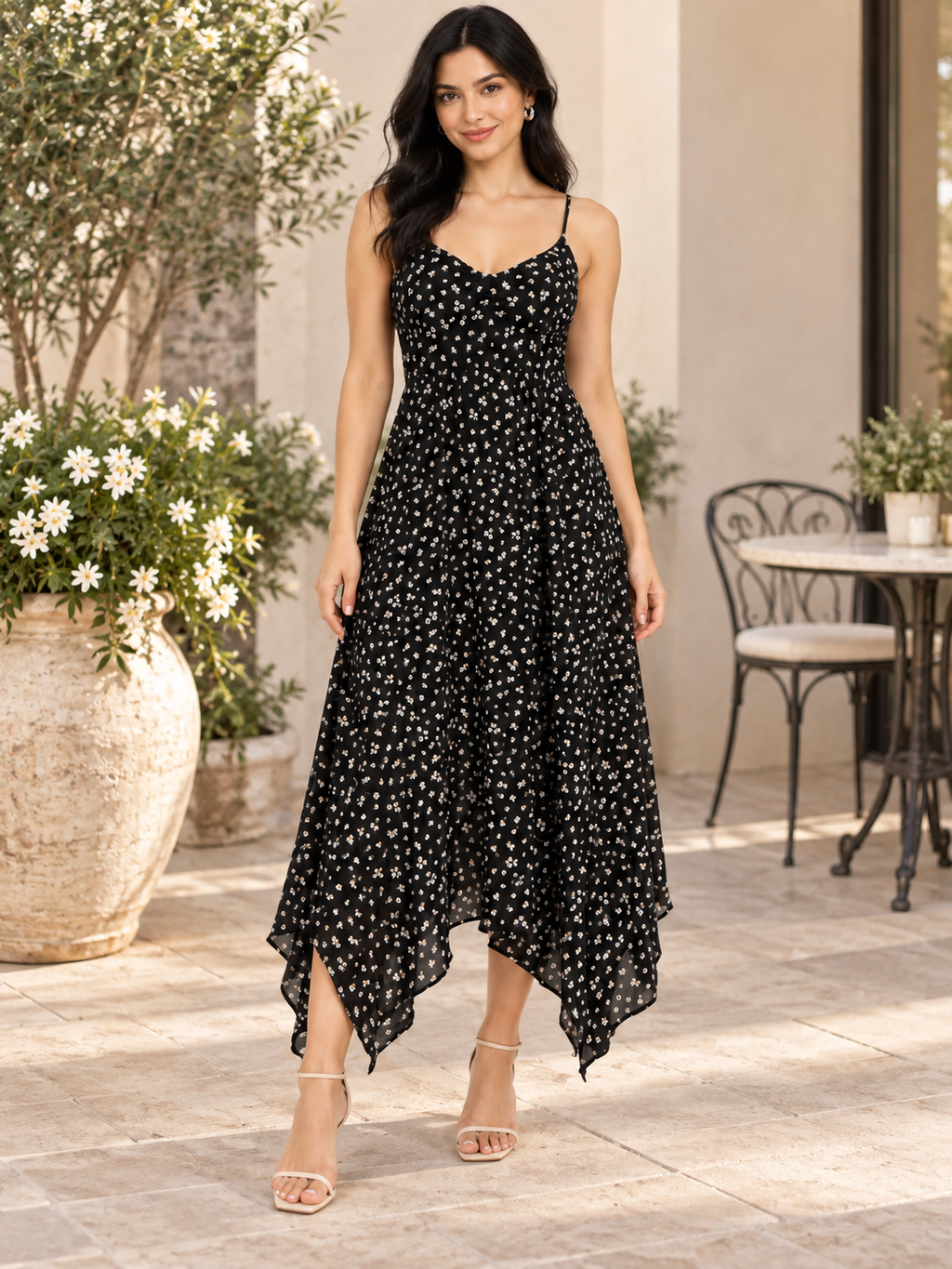 Navy ditsy-floral spaghetti-strap smocked-back handkerchief-hem midi dress - front Santorini lifestyle terrace view showing fine spaghetti straps, V-neckline with gathered bust panel, and voluminous flowing handkerchief-hem skirt in deep navy with white ditsy florals with sea view background