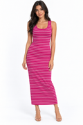 Fuchsia pink white stripe scoop-neck racerback bodycon midi dress - front white background view showing softly scooped neckline, sleek stripe bodycon silhouette in hot fuchsia-pink with white horizontal stripes with nude heels