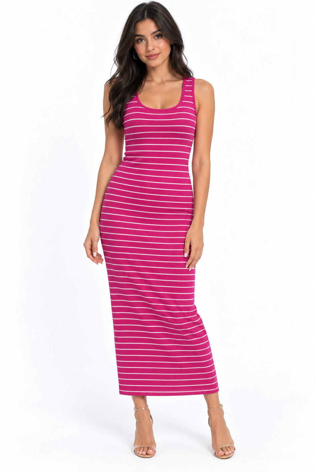 Fuchsia pink white stripe scoop-neck racerback bodycon midi dress - front white background view showing softly scooped neckline, sleek stripe bodycon silhouette in hot fuchsia-pink with white horizontal stripes with nude heels