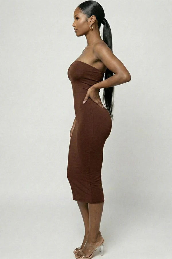 Coffee strapless bodycon midi dress - back view