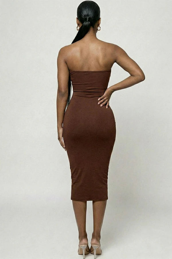 Coffee strapless bodycon midi dress - side view