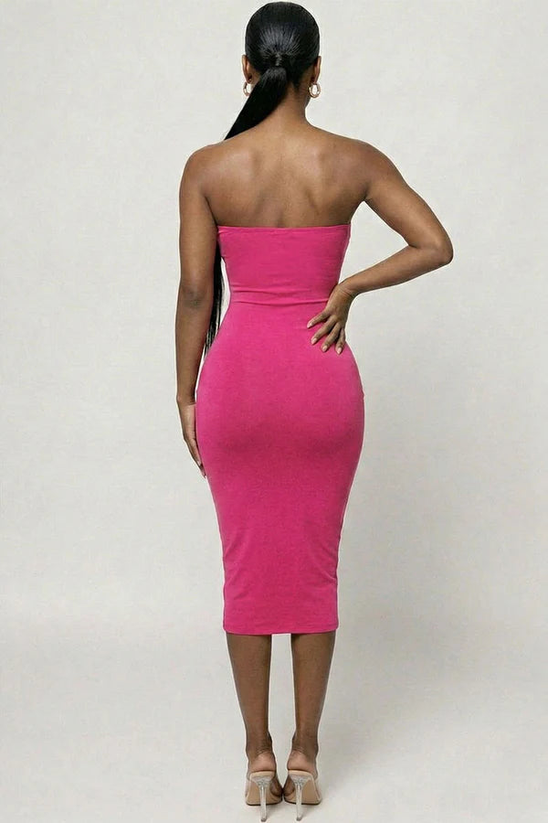 Fuchsia strapless bodycon midi dress - side view