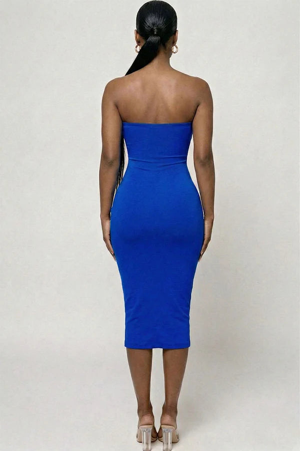 Royal Blue strapless bodycon midi dress - side view