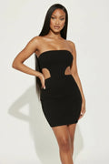 Black strapless cut-out bodycon mini dress - front view