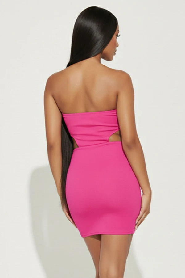 Fuchsia strapless cut-out bodycon mini dress - side view