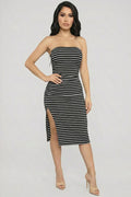 Black and white striped strapless bodycon midi dress - front view