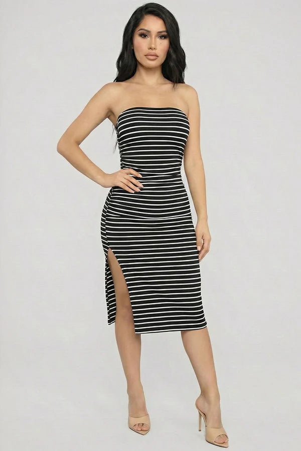 Black and white striped strapless bodycon midi dress - front view
