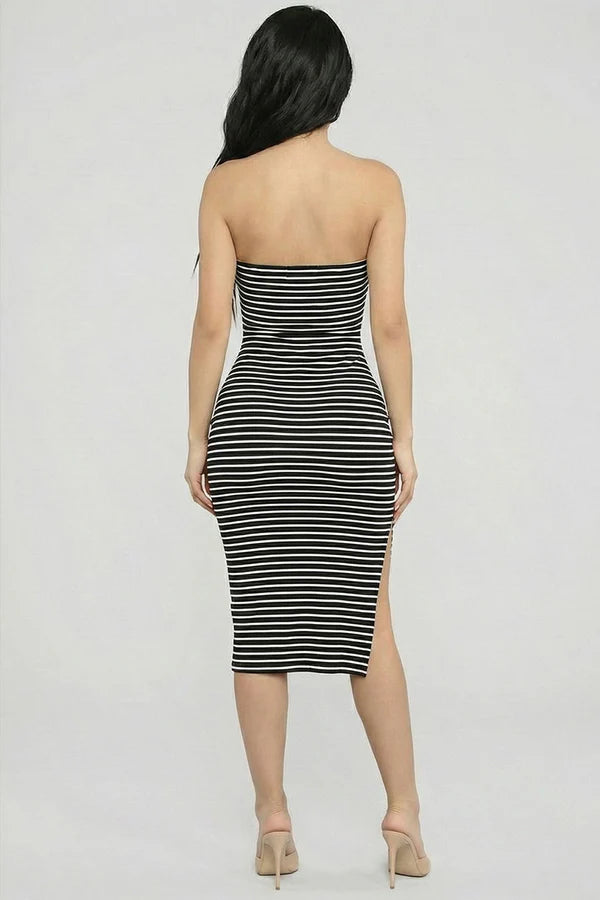Black and white striped strapless bodycon midi dress - back view