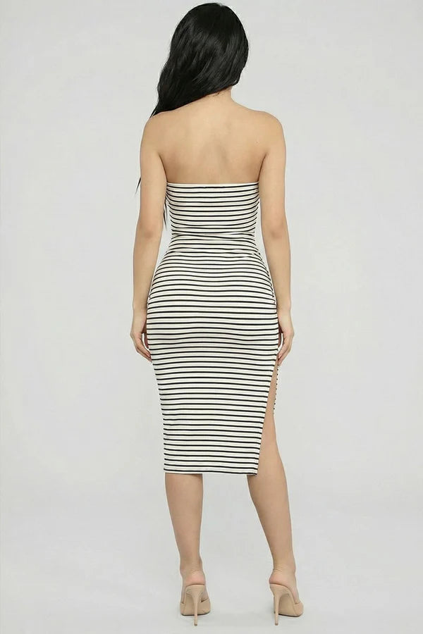 White and black striped strapless bodycon midi dress - back view