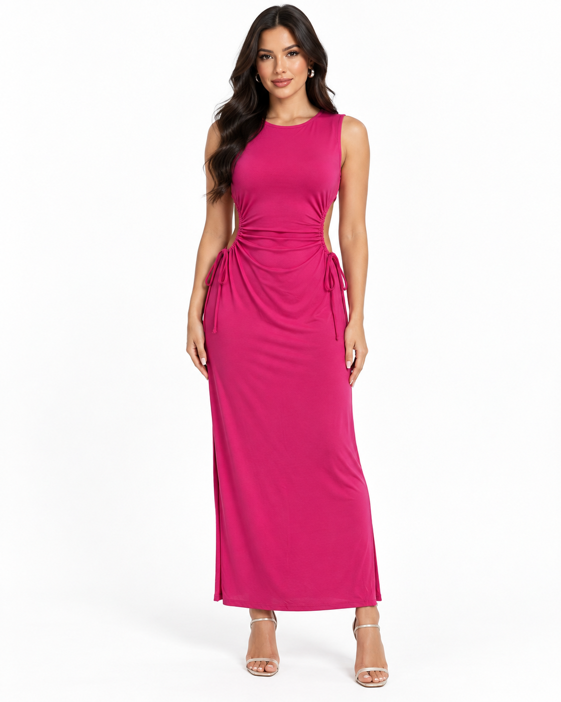 Green sleeveless crew-neck side-ruched drawstring cut-out bodycon maxi dress - front alternate white background view showing clean crew neckline, wide armholes, dual side drawstring ruching with cord tie bows, bold side cut-outs, and sleek bodycon column maxi skirt in vibrant grass green