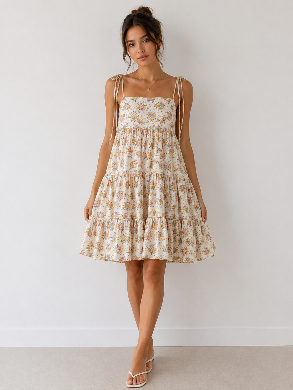 Ditsy floral square-neck tie-shoulder tiered midi dress - front full view showing square neckline and tiered skirt