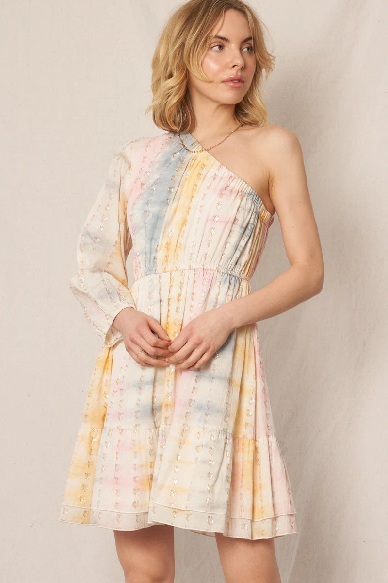 Pastel watercolour one-shoulder long sleeve tiered mini dress - front view