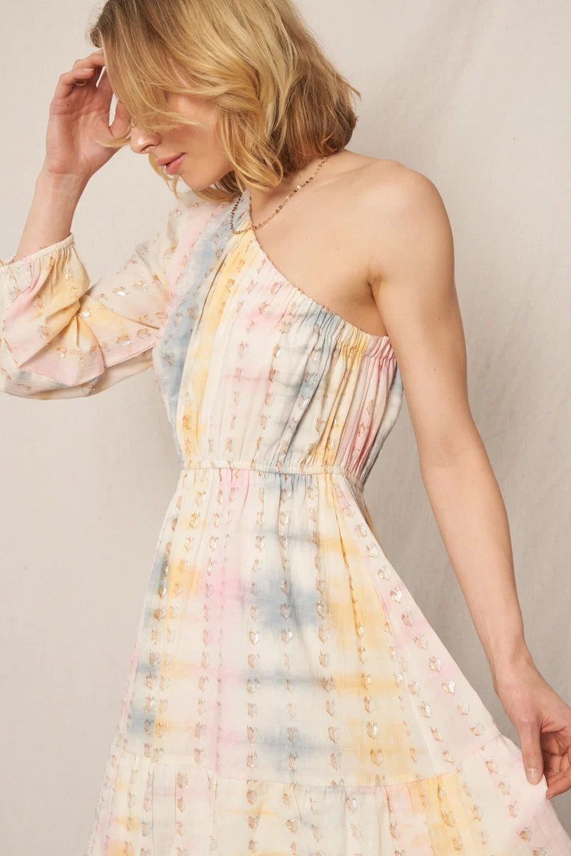 Pastel watercolour one-shoulder long sleeve tiered mini dress - bodice detail close up