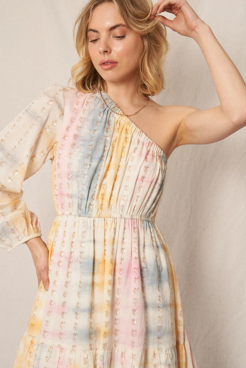Pastel watercolour one-shoulder long sleeve tiered mini dress - front three quarter view