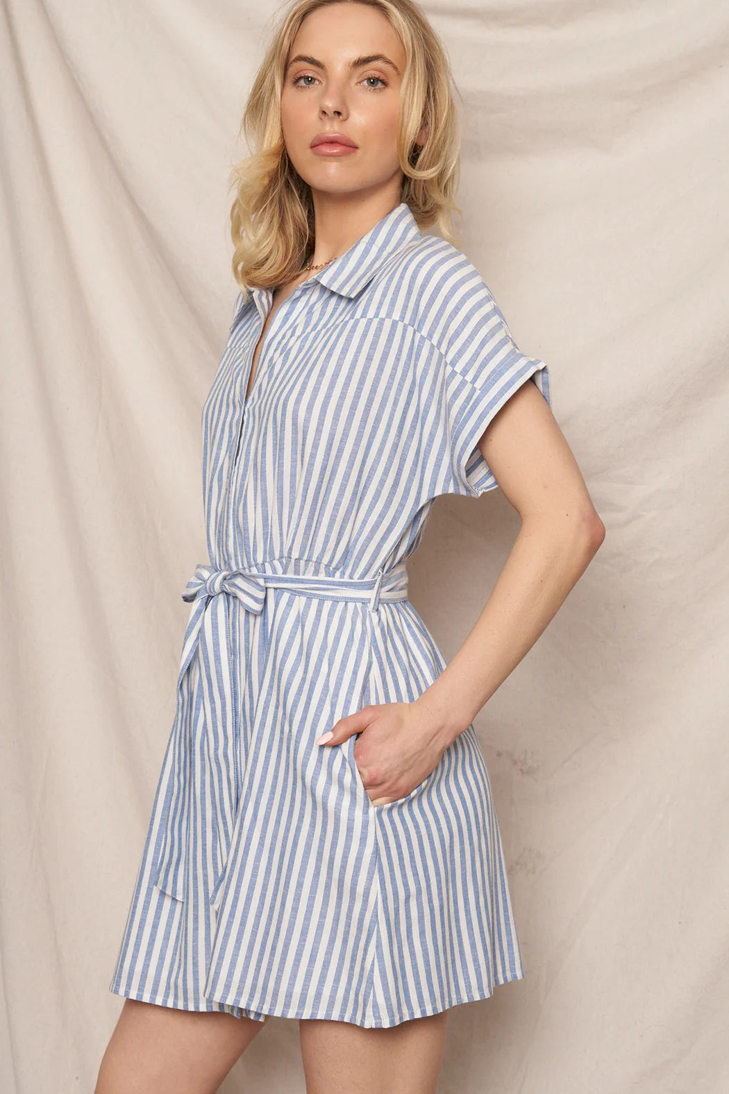 Blue white stripe belted short sleeve shirt mini dress - side view with pockets